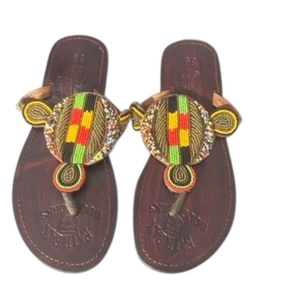 Maitan Beaded Leather Sandals Brown‎ Multicolor EU 39 NWOB